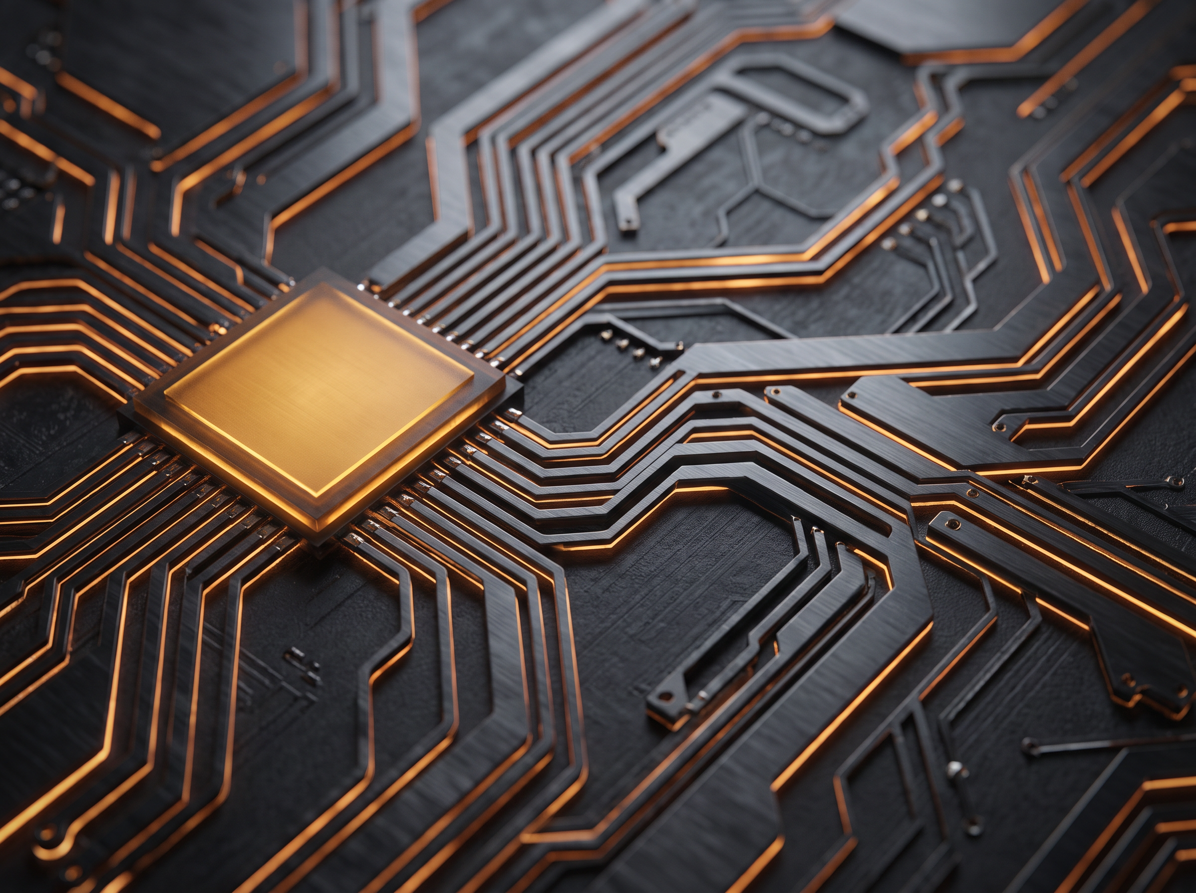 Macro detail of a card chip and circuit traces in dark metal with amber lighting